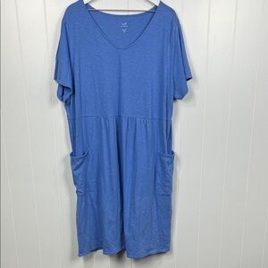 J. Jill Knit Vneck Womens Dress 3X Lotus Blue Short Sleeves Bucket Pockets NWT